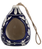  
blue ceramic teardrop bird feeder with white floral pattern and natural rope hanger