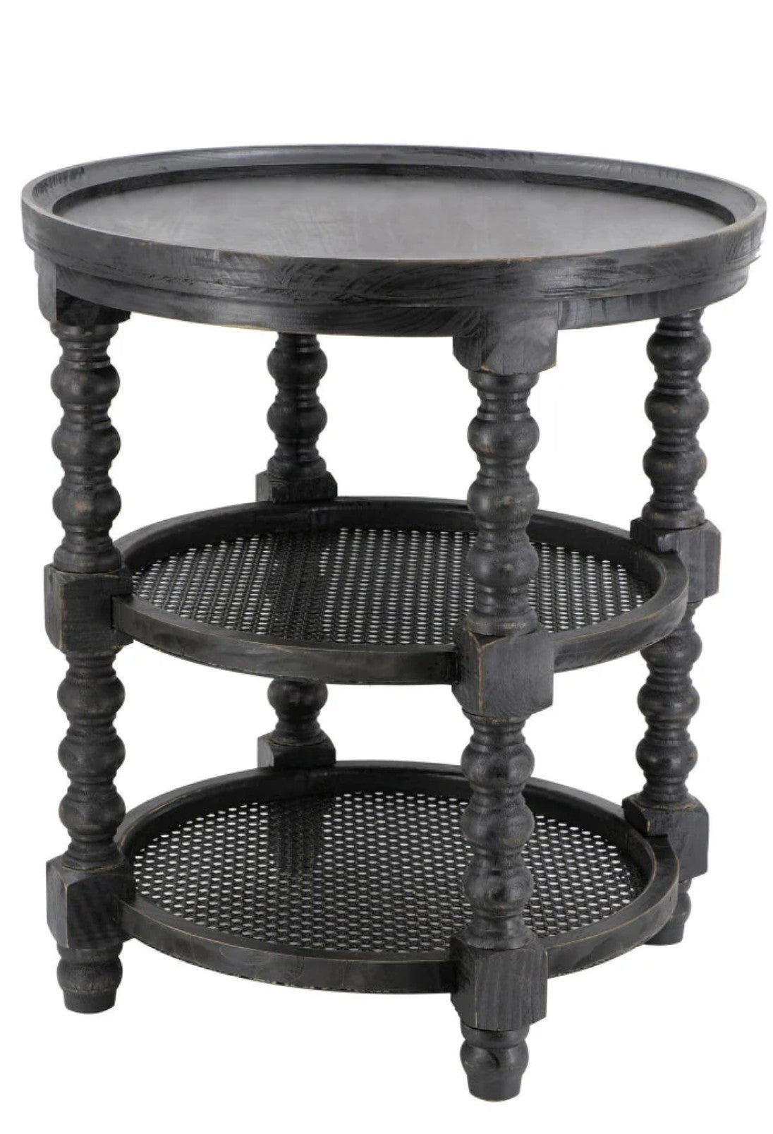 Round black side table with turned legs and two cane shelves.