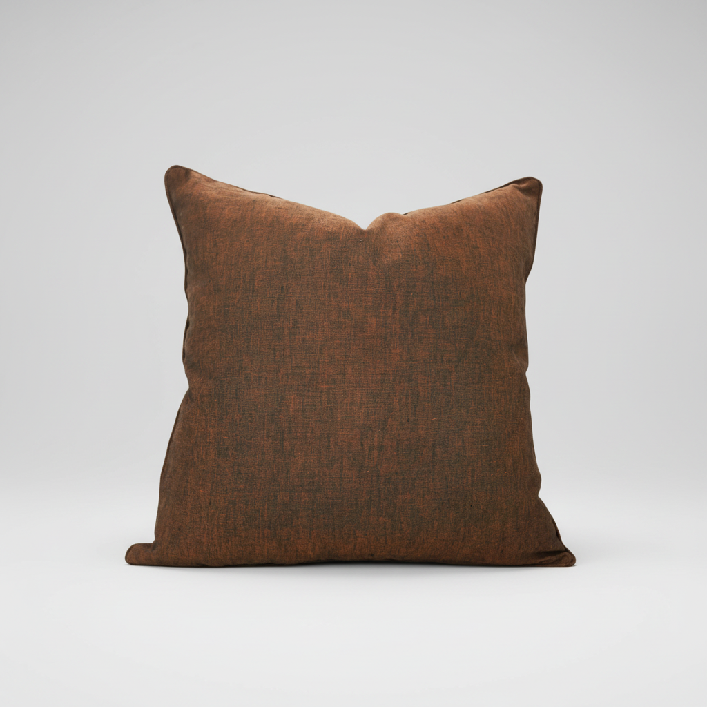handmade solid brown linen pillow with natural textured weave and plush down fill