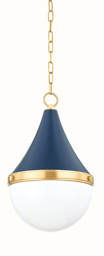Hanging pendant light with an opal glass globe, soft navy top, and aged brass detailing.