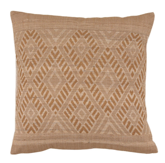 Cream silk‑cotton decorative pillow with a woven diamond pattern and textured neutral detailing.