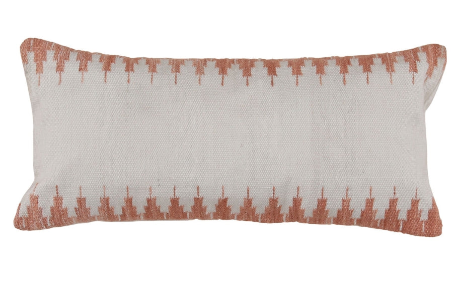 cream woven outdoor rectangle pillow with terracotta geometric pattern