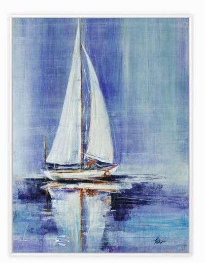 Framed canvas artwork of a sailboat on calm water in soft blue and purple tones by artist Farrell Douglas.
