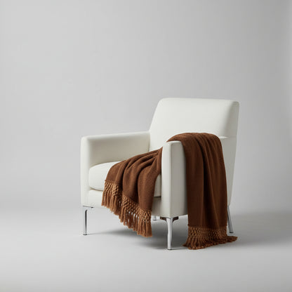 brown textured throw with woven fringe and soft looped weave