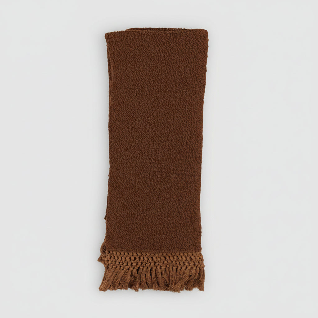 brown textured throw with woven fringe and soft looped weave