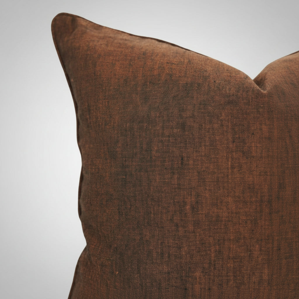 handmade solid brown linen pillow with natural textured weave and plush down fill