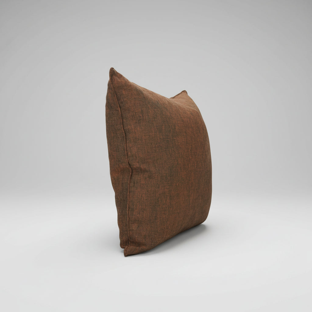 handmade solid brown linen pillow with natural textured weave and plush down fill