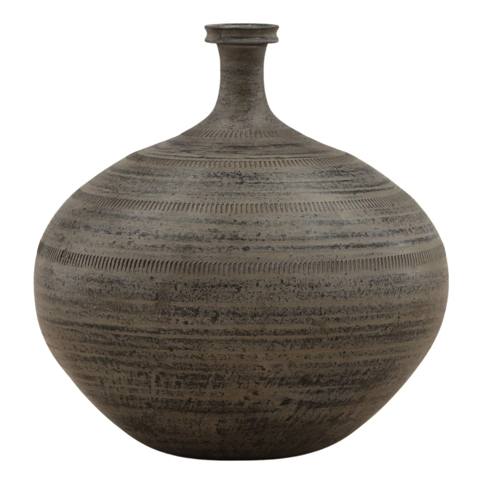Antique black ceramic vase with a rounded body and subtle etched lines.