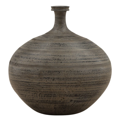 Antique black ceramic vase with a rounded body and subtle etched lines.