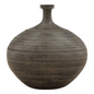 Antique black ceramic vase with a rounded body and subtle etched lines.