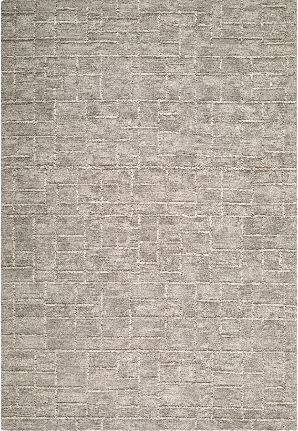 textured wool area rug with raised geometric grid pattern in warm beige tones