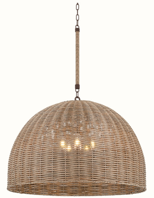 oversized exterior rattan dome pendant light with warm multi‑bulb glow