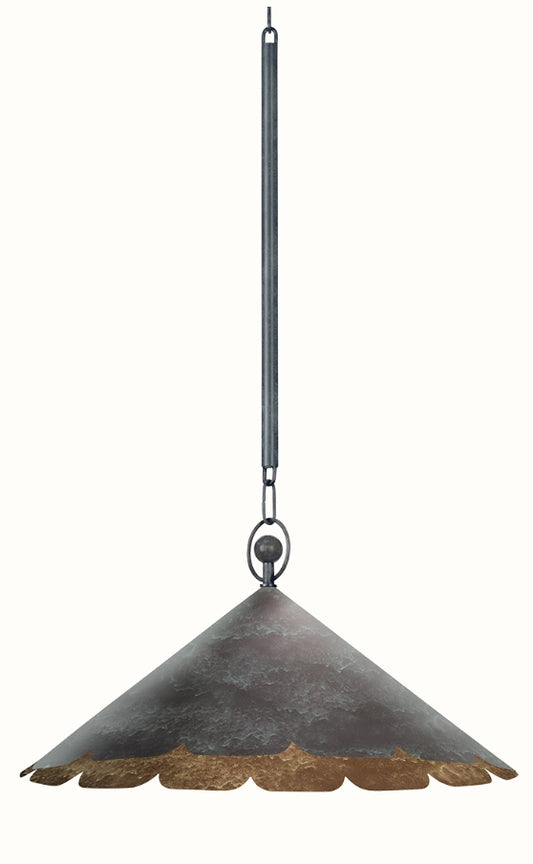Steel pendant light with verdigris finish and scalloped palmetto‑inspired shade hanging from a simple rod.