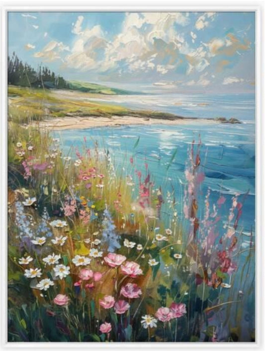 coastal landscape canvas with wildflowers, shoreline, blue water, and green hills