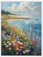 coastal landscape canvas with wildflowers, shoreline, blue water, and green hills