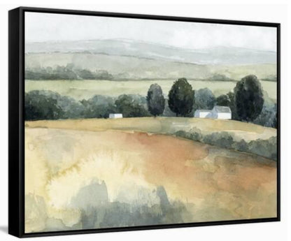 soft watercolor landscape wall art depicting rolling hills, countryside fields, distant hills, trees, and muted natural tones in a horizontal composition.