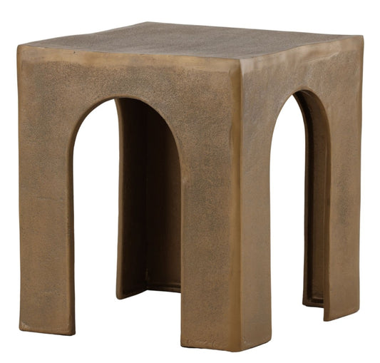brass finish architectural side table with sculptural geometric design and arched openings, modern accent table for living room, office, family room, or bedroom. modern accent table.