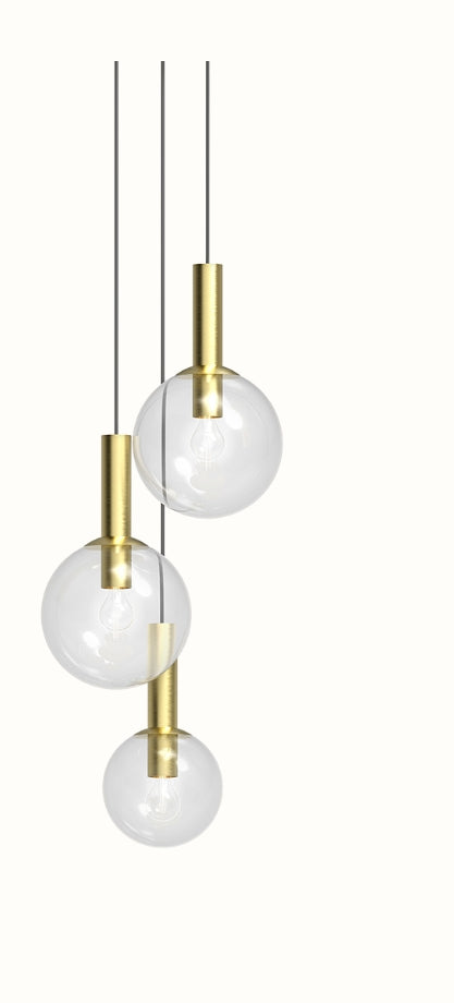 modern 3-orb bubble pendant light with clear glass globes and gold finish, sculptural hanging chandelier for dining room, kitchen island, entryway chandelier, contemporary lighting.