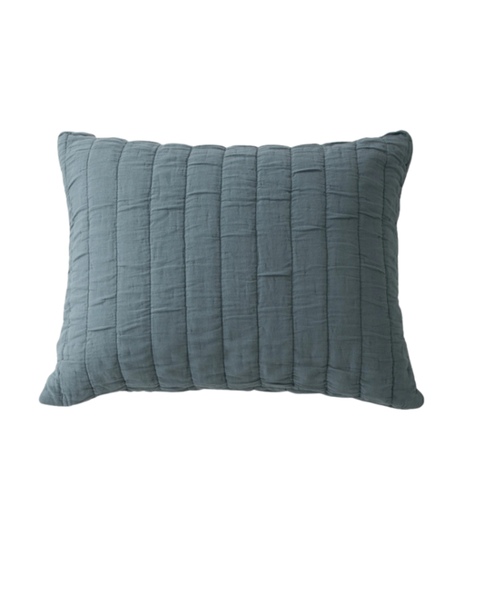 Slate channeled cotton pillow sham with soft texture and vertical stitching.