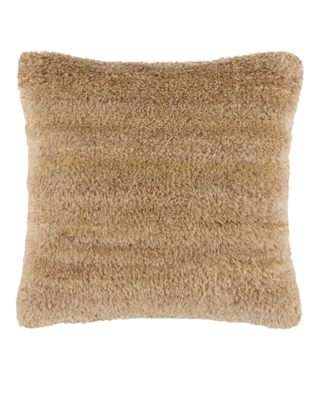 Light tan wool decorative pillow with a soft shaggy texture on a white background.