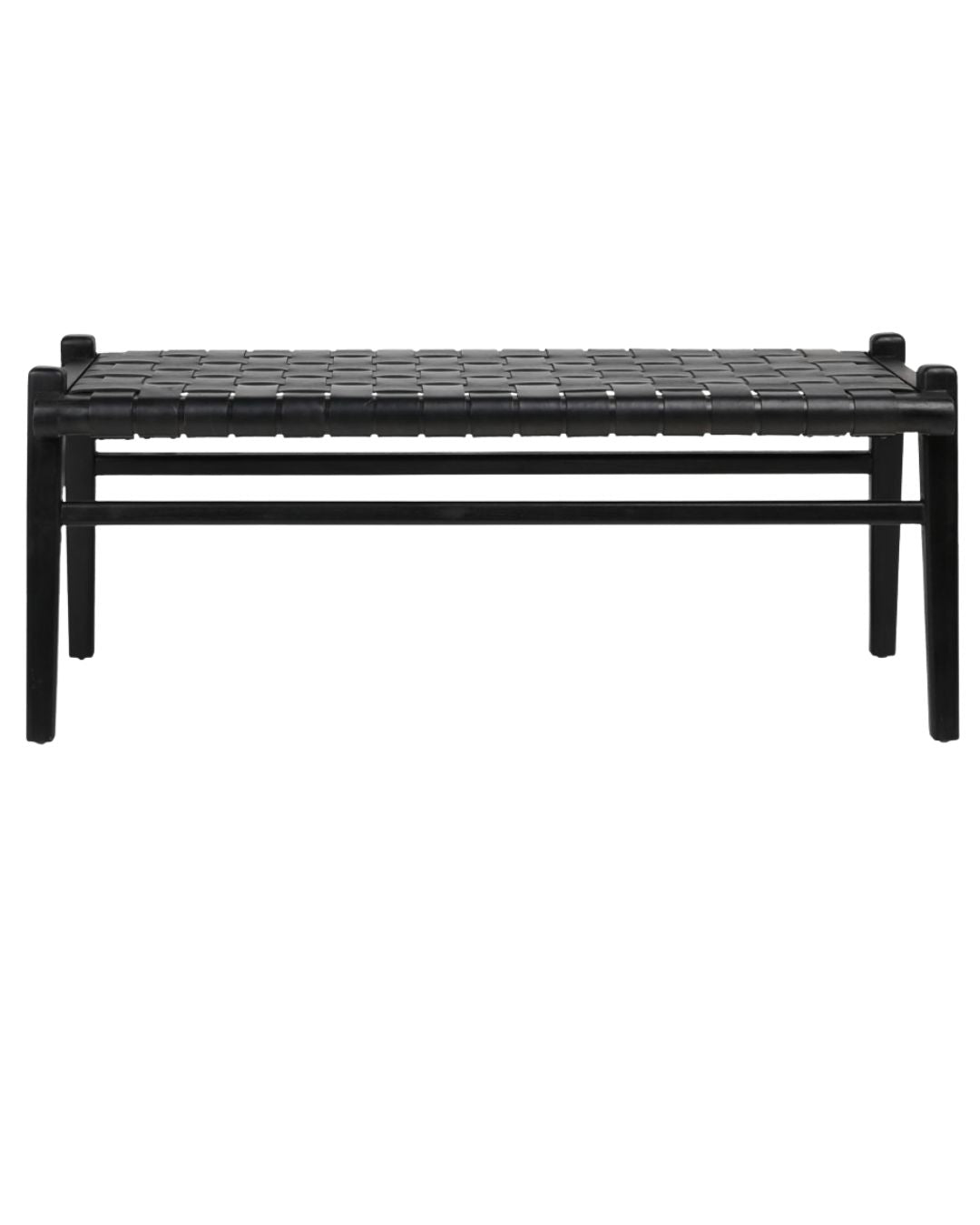 Black leather strap bench with a hand‑woven basketweave seat and wooden frame on a white background.