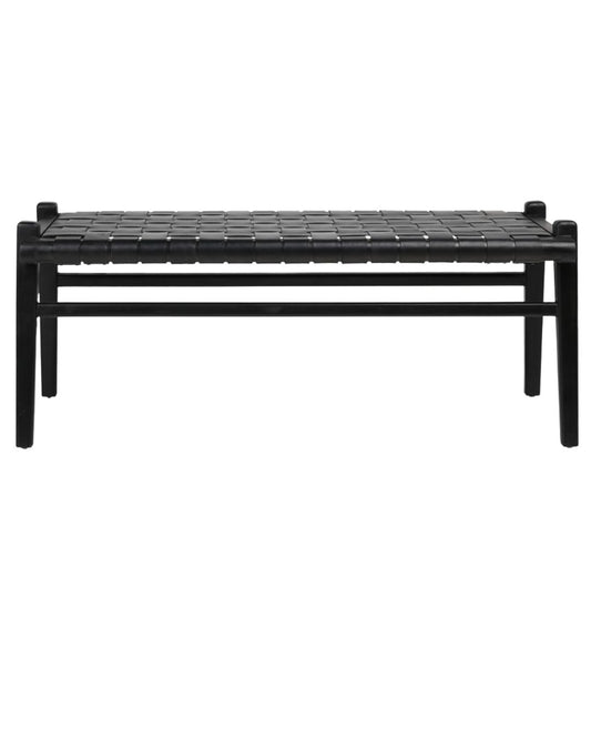 Black leather strap bench with a hand‑woven basketweave seat and wooden frame on a white background.