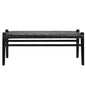 Black leather strap bench with a hand‑woven basketweave seat and wooden frame on a white background.