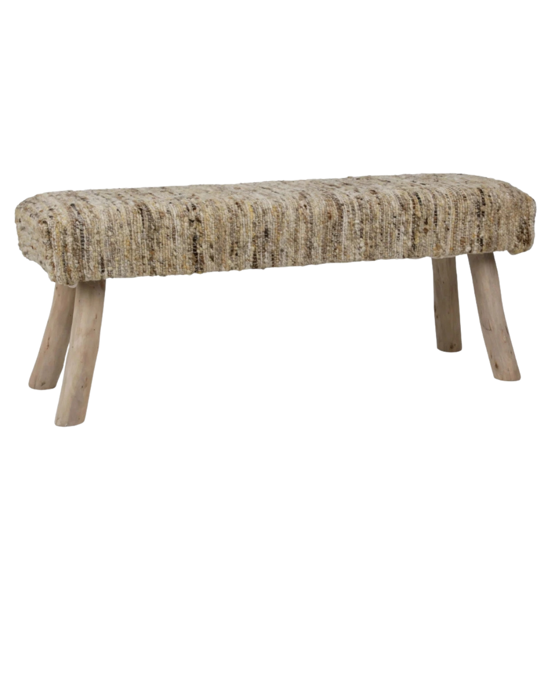 Woven textured ranch‑style bench with a natural fabric seat and light wood legs on a white background.