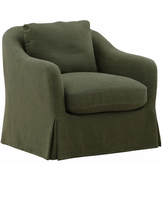 Olive green swivel accent chair with soft linen upholstery, rolled arms, comfortable cushion, and relaxed transitional design 