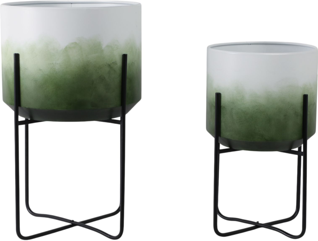 ombre green and white cylindrical planters on black metal stands, large and medium sizes