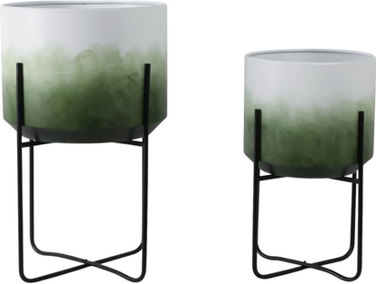 ombre green and white cylindrical planters on black metal stands, large and medium sizes