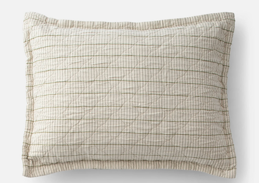 Heirloom‑inspired pillow sham with muted beige and olive‑green stripes, quilted diamond texture, and a relaxed flat edge