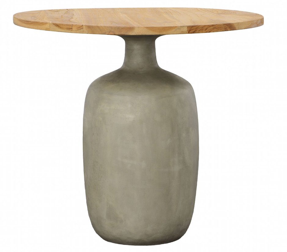 Outdoor cement side table with natural wood top and a smooth free-form drum shape.
