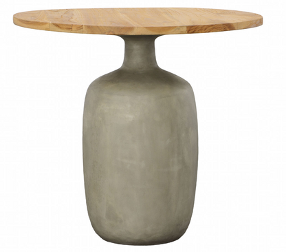 Outdoor cement side table with natural wood top and a smooth free-form drum shape.