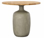 Outdoor cement side table with natural wood top and a smooth free-form drum shape.