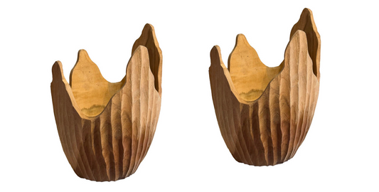 Hand‑carved teak wood bowl set with rippled texture and organic sculptural rims.